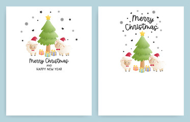 Christmas card with watercolor sheep. Merry Christmas