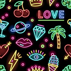 Colorful seamless pattern with glowing electric elements. Repeatable bright background with different neon signs and symbols. Vector illustration on black background