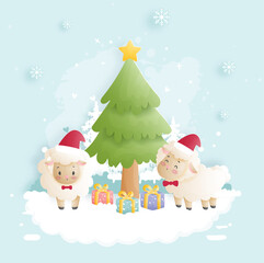 Christmas card with watercolor sheep. Merry Christmas