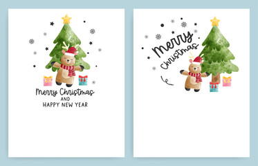 Christmas card with watercolor reindeer. Merry Christmas