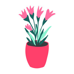 Red flowers in bright pot. Vector hand drawn element for design. Plant for the interior.