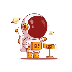 cute astronaut happy new year 2021, cartoon illustration