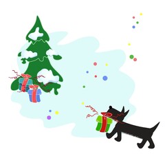 The dog carries gifts under the Christmas tree. Sweet, kind, festive illustration.