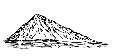 Hand-drawn vector drawing in engraving style. High mountain, wilderness, landscape. For prints, labels, tourism, mountaineering.