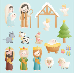 A Christmas nativity scene cartoon, with baby Jesus, Mary and Joseph in the manger with donkey