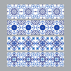 Set of azulejos portuguese traditional ornamental tile borders, blue and white pattern