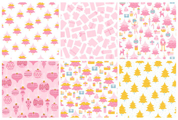 Fototapeta na wymiar Christmas patterns set. Collection of seamless backgrounds in pastel pink colors. Christmas tree, gifts, toys. Ideal for girly textiles. Vector illustration