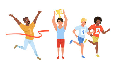 Smiling Man Running Marathon and Holding Golden Cup Award Vector Illustration Set