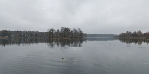 Autumn fishing on the pond, beautiful panorama.