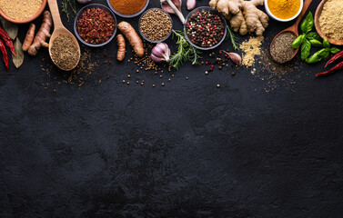 Collection of spices on dark background. Cumin, mustard powder, garlic, basil, peppercorns, turmeric, root, ginger, rosemary, paprika, red pepper, .thymus, chilli pepper, coriander.