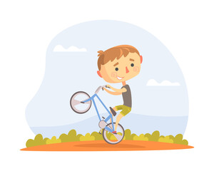 Teen Kid Performing Wheelie Stunt on BMX Bike Vector Illustration