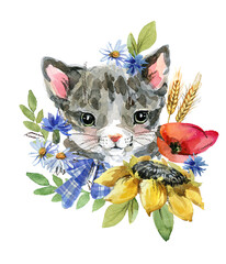 cartoon kitten. farm animal illustration. cute watercolor cat