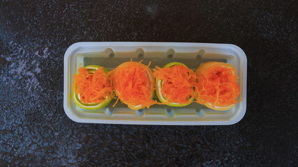 Delicious Thai Dessert, Rolls with golden egg rolls, colorful, beautiful and appetizing.