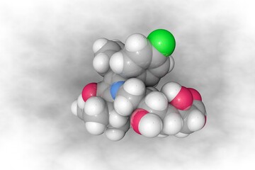Molecular model of atorvastatin. Atoms are represented as spheres with color coding: carbon (grey), oxygen (red), nitrogen (blue), hydrogen (white), fluorine (green). 3d illustration