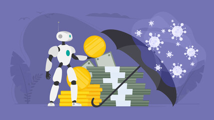 Protected from viruses. A robot with money is hiding under an umbrella. Business virus attack. Vector illustration