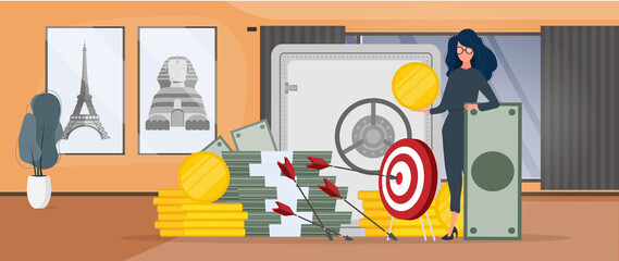 Woman and a mountain of money. The girl stands near gold coins and large dollar bills. A bundle of money. The concept of a successful business, earnings and wealth. Vector.