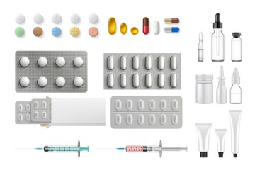 Realistic medical equipment set collection. Collection of mockups template of realism style drawn treatment pills tablets containers syringe antibiotics on white background. Healthcare medical support