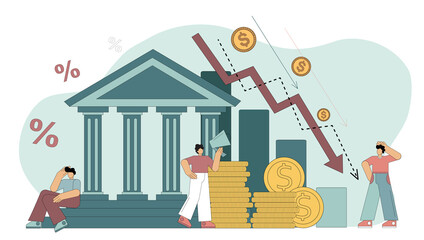 Flat vector illustration. Financial crisis. Bank liabilities, risk of bankruptcy. People are hostages of financial instability, an attempt to prevent bankruptcy, without the desirability of being