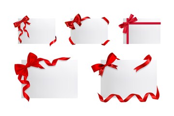 Realistic gift boxes set. Collection of mockups realism style drawn christmas new year presents. Illustration of birthday gifts tied up with colorful red tapes ribbons bow shape on white background.