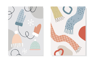 Set of Christmas Scandinavian greeting cards, invitations. Knitted scarfs, caps and gloves. Abstract geometric shapes with snowflakes. Scandinavian flat design. Winter holidays and lifestyle concept.