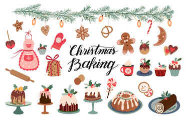 Christmas baking, a collection with seasonal winter desserts, muffins, cookies, gingerbread, rolls, hand lettering, vector design
