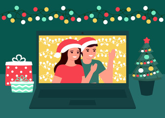 Man and woman communication online on Christmas holiday. Decoration fir, lightbulbs desktop and greeting Christmas and New Year. Video call on laptop, virtual meeting. Vector