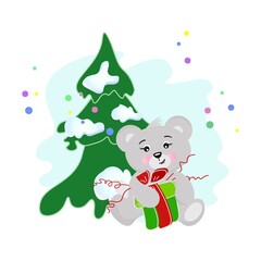 Cute little Bear sitting under the Christmas tree, holding a gift. Christmas new year card. Vector.