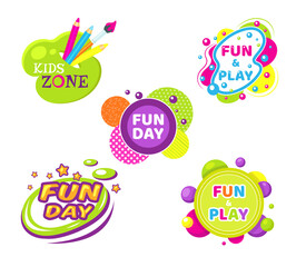 Kids zone entertainment set childish banner label sticker badge