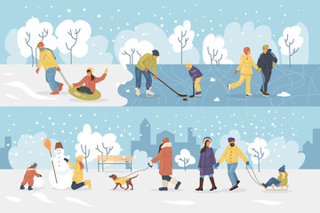 Active people in the winter park. Happy family walking and ride child on the sled. People in the park, children playing in the park, making snowman, skating, playing hockey, walking dog cartoon