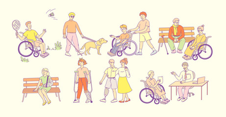 Fototapeta premium Disabled people with wheelchairs. People on artificial legs, on crutches, blind person with guide dog. Children, elderly with disabilities communicate, play sport, live fulfilling life