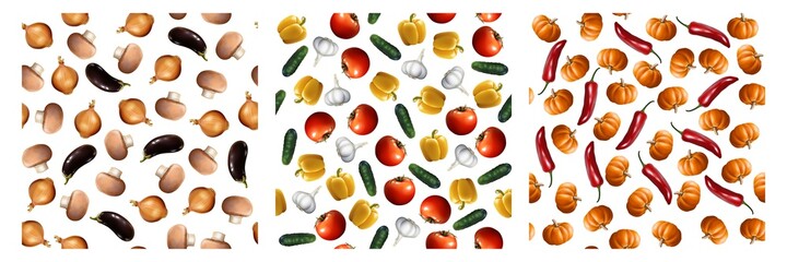 Realistic vegetables set. Collection of realism style drawn pepper pumpking garlic tomato cucumber eco food vegan nutrition or vegetarian meal menu template. Autumn harvesting mockup illustration.