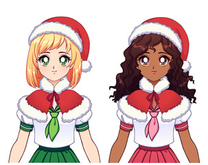 Two different ethnic anime girls wearing japanese school uniform and Christmas hat.