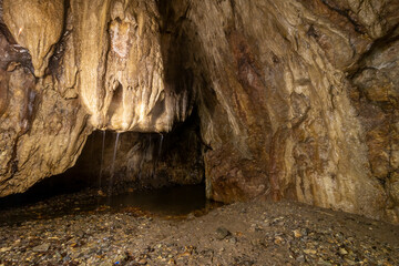 Inside of the Ağlayan Cave in Dikili district of Izmir. The waters are dripping.