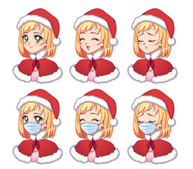 Anime expressions set. Kawaii blonde girl wearing Christmas costume and medical mask