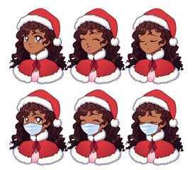 Anime expressions set. Cartoon american african girl wearing Christmas costume and medical mask.