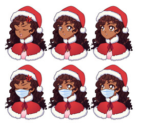 Anime expressions set. Cartoon american african girl wearing Christmas costume and medical mask.