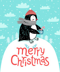 Cute penguin drinking tea. Merry Christmas card.