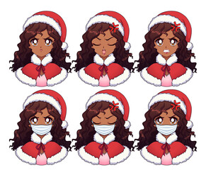 Anime expressions set. Cartoon american african girl wearing Christmas costume and medical mask