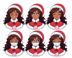 Anime expressions set. Cartoon american african girl wearing Christmas costume and medical mask