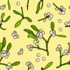 Christmas mistletoe. Seamless pattern with mistletoe berries. Design for fabric, textile, wallpaper, packaging.