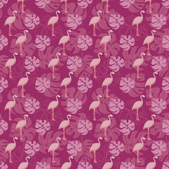 Abstract seamless pattern with flamingo and tropical leaves in pink