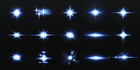 Shining neon stars isolated on black background. Effects, lens flare, shine, explosion, neon light, set. Light star blue png. Light sun blue png. Light flash blue png. 