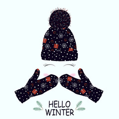 Design for greeting christmas card and invitation. Hello winter. Template for scrapbook, banner, print. Vector illustration