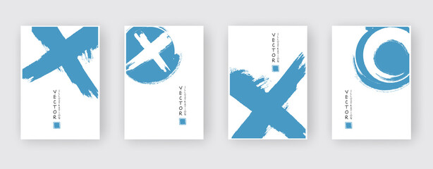 Blue ink brush stroke set on white background. Japanese style.