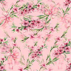 Seamless pattern  watercolor branch sakura with ribbon on a pink background. Illustration for decoration.