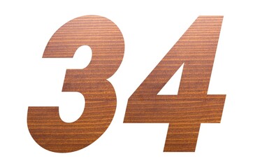 Number 34 with brown wooden texture on white background.