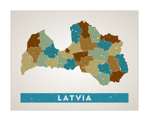 Latvia map. Country poster with regions. Old grunge texture. Shape of Latvia with country name. Elegant vector illustration.