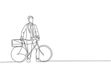 Single continuous line drawing young professional businessman riding bicycle to his company. Bike to work, eco friendly transportation concept. Trendy one line draw design vector graphic illustration
