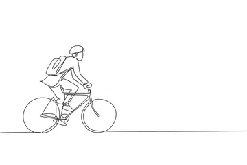 Fotobehang Single continuous line drawing young professional businessman riding bicycle to his company. Bike to work, eco friendly transportation concept. Trendy one line draw design graphic vector illustration © Simple Line