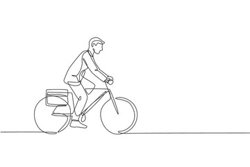Obraz na płótnie Canvas One single line drawing of young happy professional startup employee man ride bicycle to the coworking space vector illustration. Healthy commuter lifestyle concept. Modern continuous line draw design